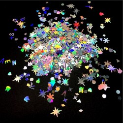 Decoratiuni pentru unghii Argintii Holografice DPA001 Fulgi de Nea, Stelute, Inimioare 